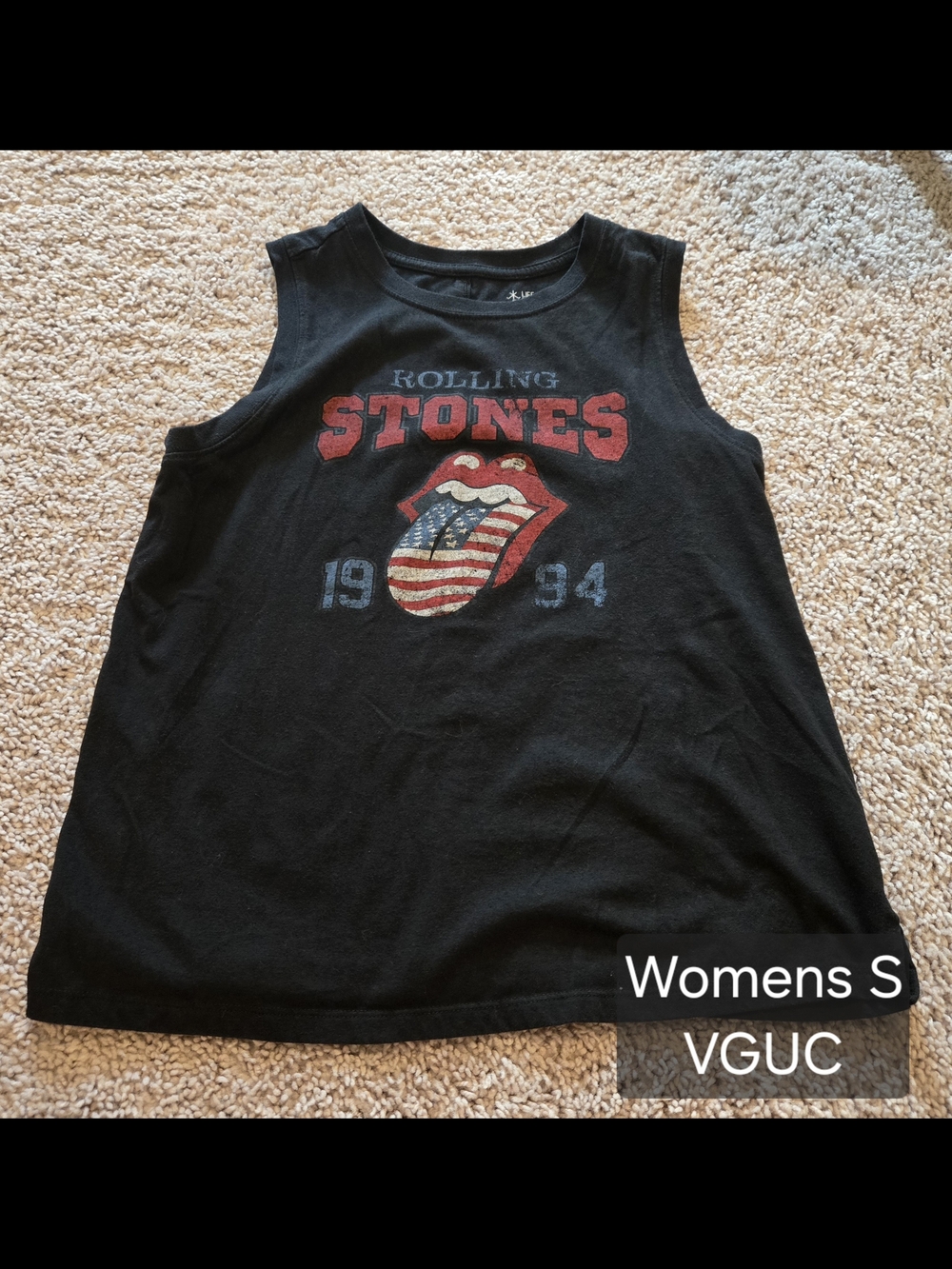 the Rolling Stones Black Tank Top with Red, White & Blue Tongue Graphic